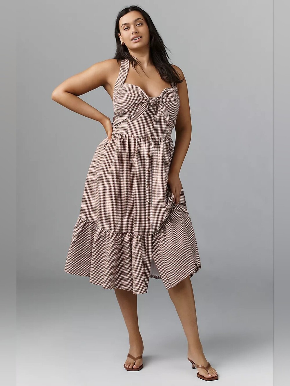 Anthropologie Maeve Halter Bow-Front White & Tan Checkered Print Midi Dress NWOT